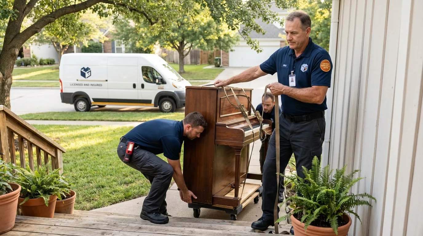 Licensed piano movers securing grand piano in Downers Grove, IL
