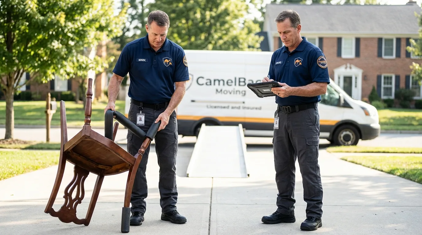 Movers inspecting furniture for damage prevention before loading in Downers Grove, IL