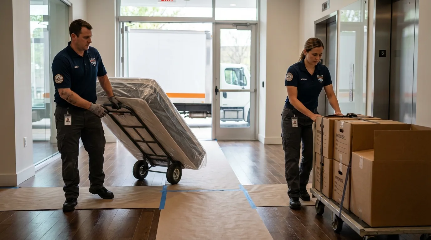 Professional apartment movers loading elevator in Downers Grove, IL